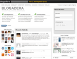 Screenshot of Blogaderas homepage showing user login fields recent activity feed with user icons active blog groups top blog rankings and navigation menus for directories community and features