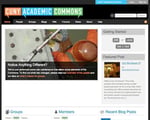 Screenshot of the CUNY Academic Commons homepage showing the navigation menu a featured post section categories for groups and members and a highlighted announcement about site maintenance