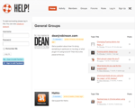 A webpage titled HELP displays a login panel on the left and a list of general discussion groups in the center showing group names latest topics and posts in a simple clean layout