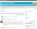 A screenshot of an educator resource website called Etools and Tips for Educators displaying a discussion forum with user comments member activity and a sidebar for login and information about the site