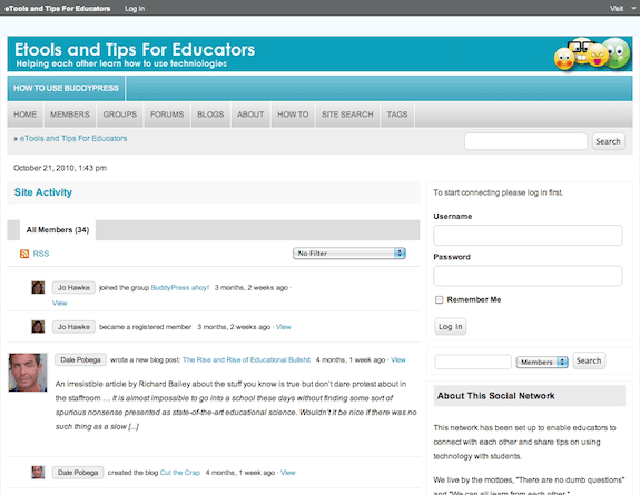 A screenshot of an educator resource website called Etools and Tips for Educators displaying a discussion forum with user comments member activity and a sidebar for login and information about the site