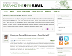 Screenshot of a blog titled Breaking the 9 to 5 Jail The page features an article about The BroCode to Profitable Business Ideas and another about an employee turned entrepreneur with sidebar links and social media icons