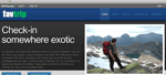 A website homepage for FavTrip shows a banner with a hiker wearing a red backpack standing on rocky terrain overlooking mountains The text reads Check in somewhere exotic with navigation links at the top