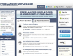 Screenshot of the Freelancer Unplugged website homepage showing a navigation menu recent and popular questions about freelancing sign up and log in sections job listings and sidebar QA categories