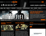 Screenshot of a gaming themed website called GameSerfs featuring news articles about Battlefield Bad Company 2 Halo Reach Green Day Rock Band and a sidebar promoting a social network for gamers
