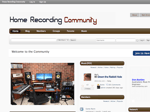 Screenshot of a website called Home Recording Community with a navigation menu a featured image of a home recording studio setup a music section member list and a welcome message