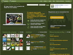 Screenshot of a green themed soccer fan website showing registration options member avatars a featured article section and a call to join the community with a laptop displaying fans in soccer gear