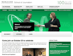 Screenshot of Michigan State Universitys School of Journalism webpage featuring a header navigation menu and a central image of two people shaking hands Text about an upcoming celebration event is shown below