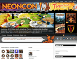 Screenshot of the NEONCON 2010 website featuring board game images event details for November 4 7 in Las Vegas attendee avatars news updates and navigation menus with a colorful geek and gaming themed banner