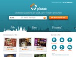 A website homepage for plazaa shows a teal background a white logo search bar and orange button Below city names photo thumbnails of locations and icons for restaurants cafés and activities are displayed