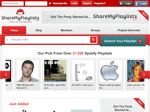 Screenshot of ShareMyPlaylistscom homepage showing a search bar red navigation menu playlist recommendations and a Submit Your Playlist button with featured playlist images and titles displayed below