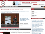 Screenshot of The Enterprise Mobility Forum website featuring news headlines a login panel categories and a highlighted image of a man speaking at the Enterprise Mobility Boot Camp event