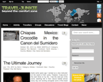 Screenshot of the Travel Junkie website homepage featuring articles like Chiapas Mexico Crocodile in the Canon del Sumidero and The Ultimate Journey with a world map header and navigation menu
