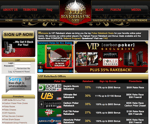 Screenshot of a VIP Rakeback website with a black and gold theme featuring banners for poker promotions a login box and a table listing rakeback offers from various online poker rooms with percentages and bonus information