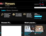 Screenshot of the Virgin Media Pioneers website homepage featuring navigation links a search bar and highlighted sections for Pioneers TV Whats popular and options to sign up or tour the site