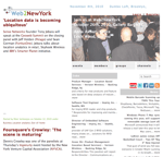 Screenshot of the Web2NewYork website with articles about location datas growing importance an event announcement job listings recent comments and links to other news stories
