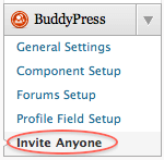 A settings menu for BuddyPress with options listed General Settings Component Setup Forums Setup Profile Field Setup and Invite Anyone which is circled in red