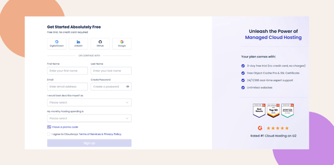 image | BuddyBoss A website sign up page for cloud hosting showing form fields for name email password monthly website visits and sign up options The right side lists plan benefits and displays service badges and a Sign up button