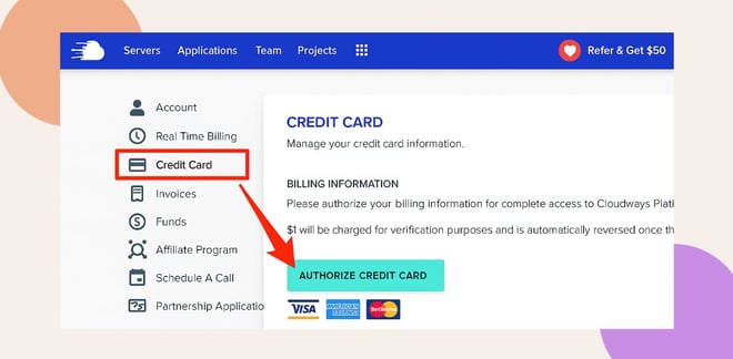 image | BuddyBoss A website interface shows the Credit Card menu selected An arrow points to an AUTHORIZE CREDIT CARD button below billing information with Visa MasterCard and American Express logos visible underneath