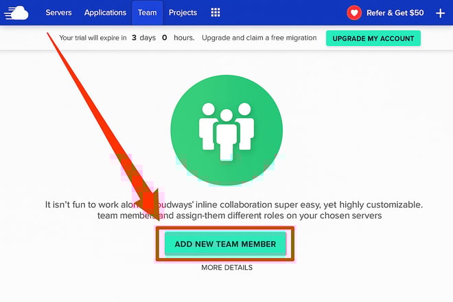 image | BuddyBoss A webpage with a green icon of three people and a highlighted ADD NEW TEAM MEMBER button An arrow points to the button indicating it as the main call to action for adding a team member