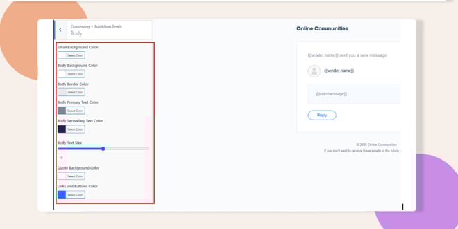 image | BuddyBoss options to customize email body is highlighted