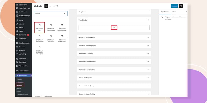 This screenshot shows where you can locate the Forum list widget