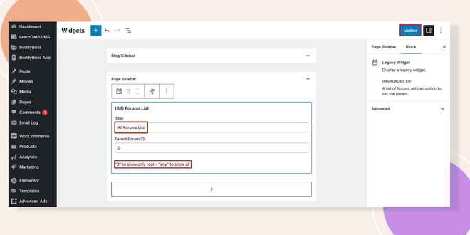 This screenshot shows where you can configure the Forums list widget