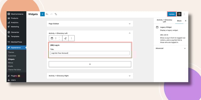 This screenshot shows where you can configure the login widget