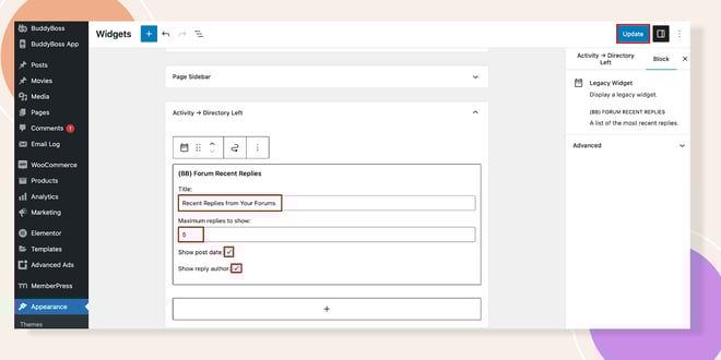 This screenshot shows how you can add the forum recent replies widget