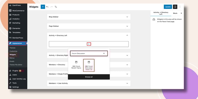 This screenshot shows where you can add the Forum Discussion View List Widget