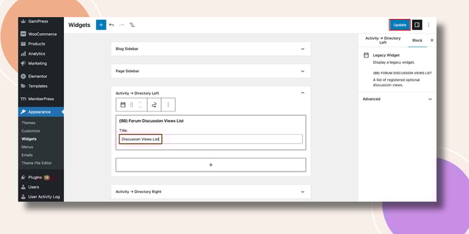 This screenshot shows where you can configure the Forum Discussion View List Widget