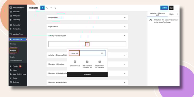 This screenshot shows how you can add the Follow Us Widget