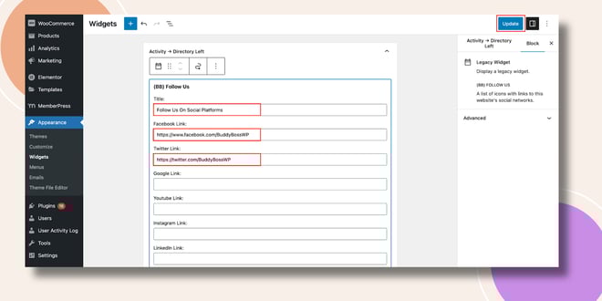 This screenshot shows how you configure the Follow Us Widget