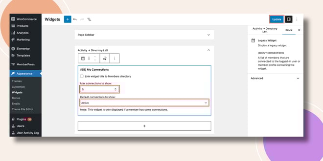 This screenshot shows how to the My Connections Widget can be configured