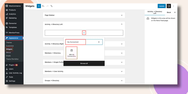This screenshot shows how to the My Connections Widget can be added