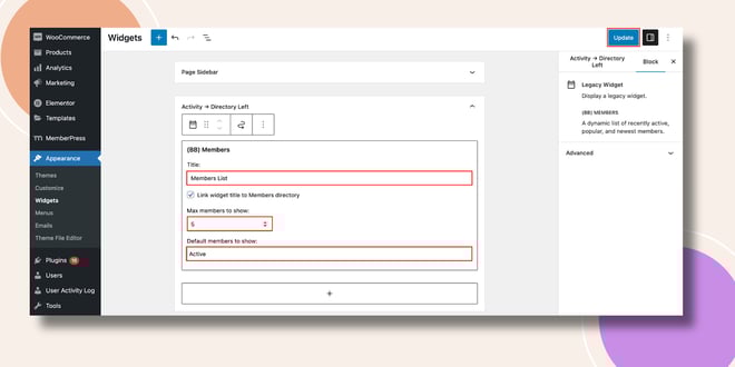 This screenshot shows how the members widget can be configured