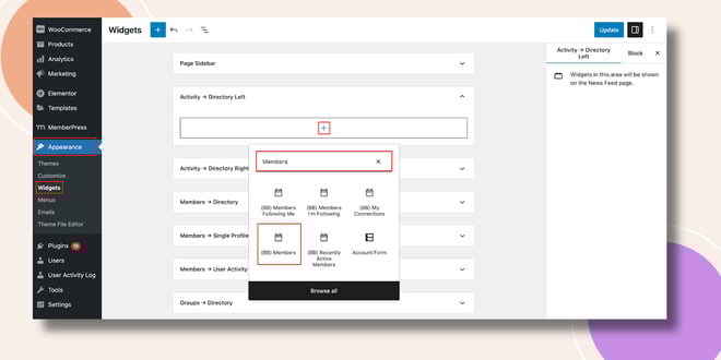 This screenshot shows how the members widget can be added
