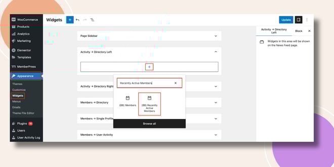This screenshot shows how the recently active members widget can be added
