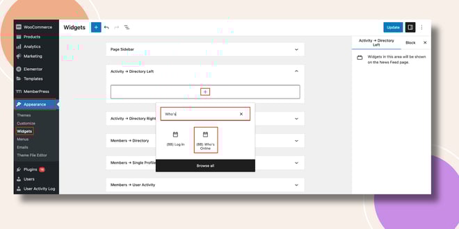 This screenshot shows how the Who's online widget can be added.