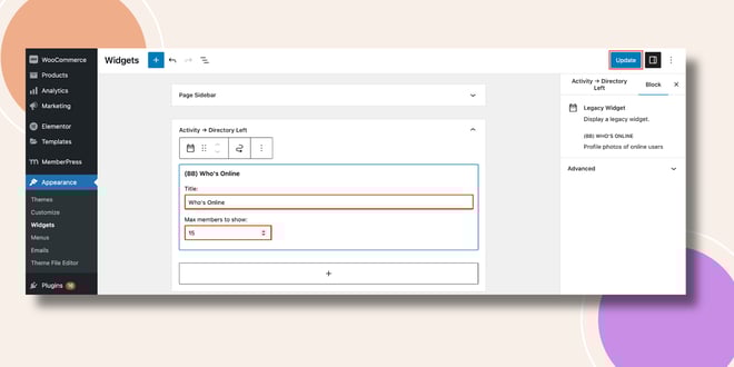 This screenshot shows how the Who's online widget can be configured..