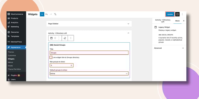 This screenshot shows how the Social Groups Widget can be configured