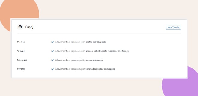 Media Settings panel showing emoji options with checkboxes for profiles groups messages and forums