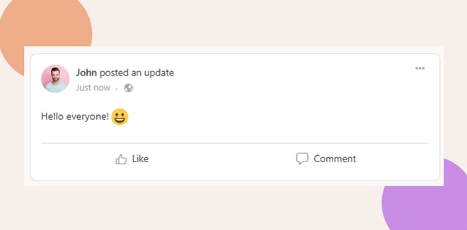 Example activity post on BuddyBoss Platform showing emojis displayed in the post