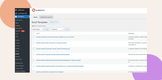 This screenshot shows the sample email notification template