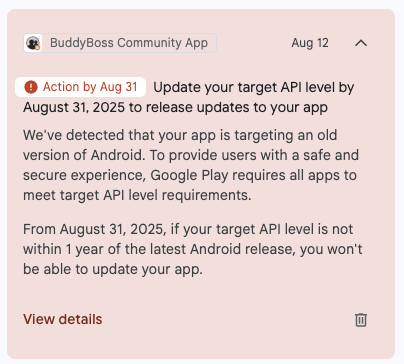 Google Play Console Warning Message | BuddyBoss