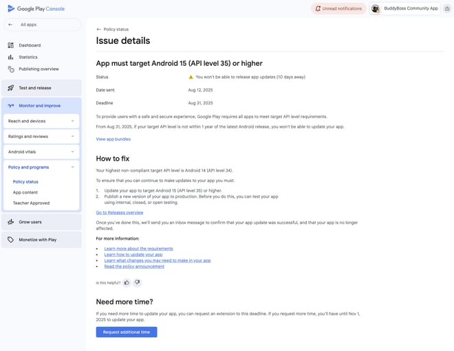 Play Console Issue Screen | BuddyBoss