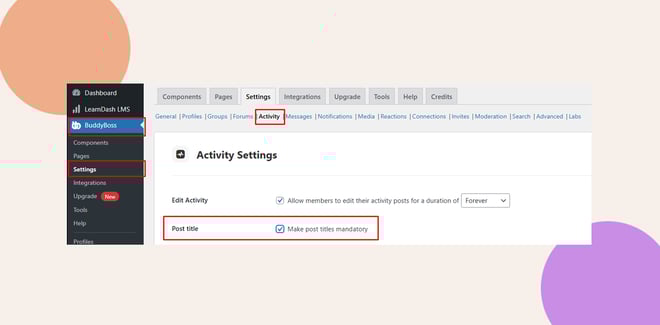image | BuddyBoss This screenhot shows where you can set if you will require users to use post titles when creating activity posts