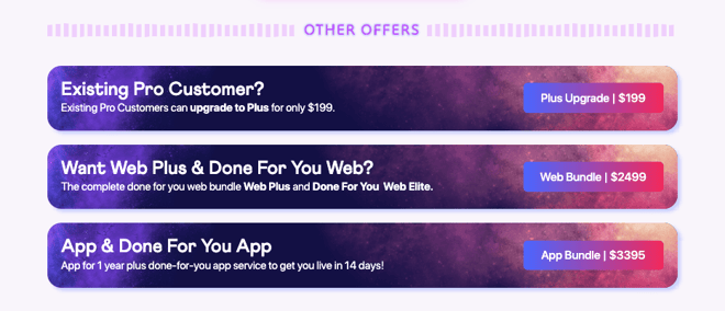 buddyboss bfcm deals  A promotional graphic listing three offers Plus Upgrade for 9 Web Bundle for 99 and App Bundle for 95 each with a brief description and a Buy button on a purple space themed background