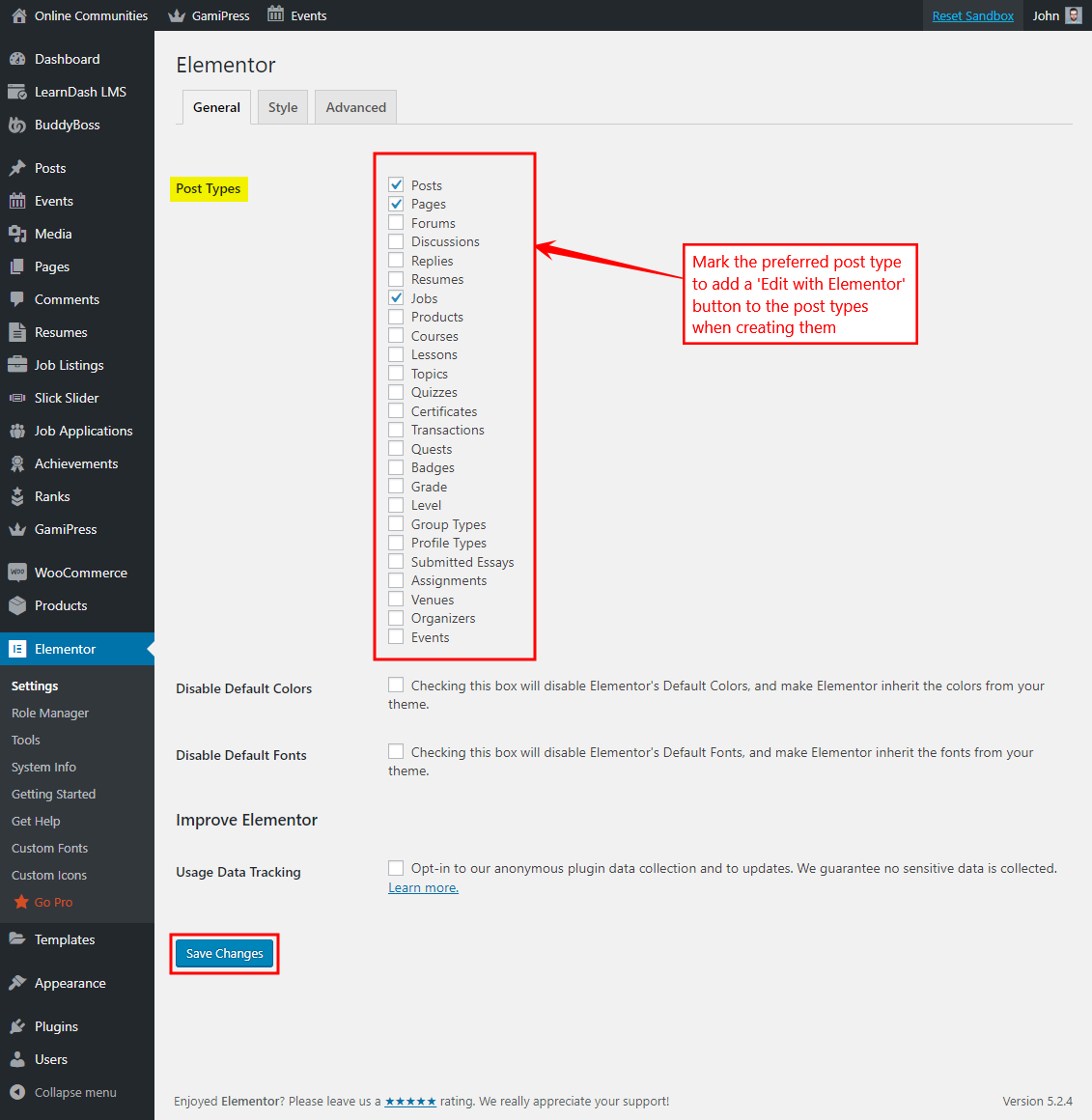 Elementor > Settings > General > Post Types