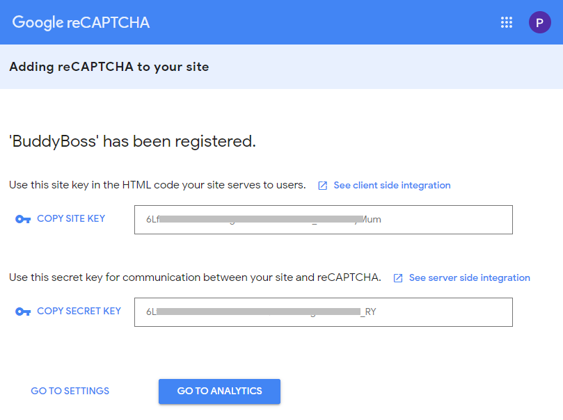 Google Captcha (reCAPTCHA) - Generated reCAPTCHA keys